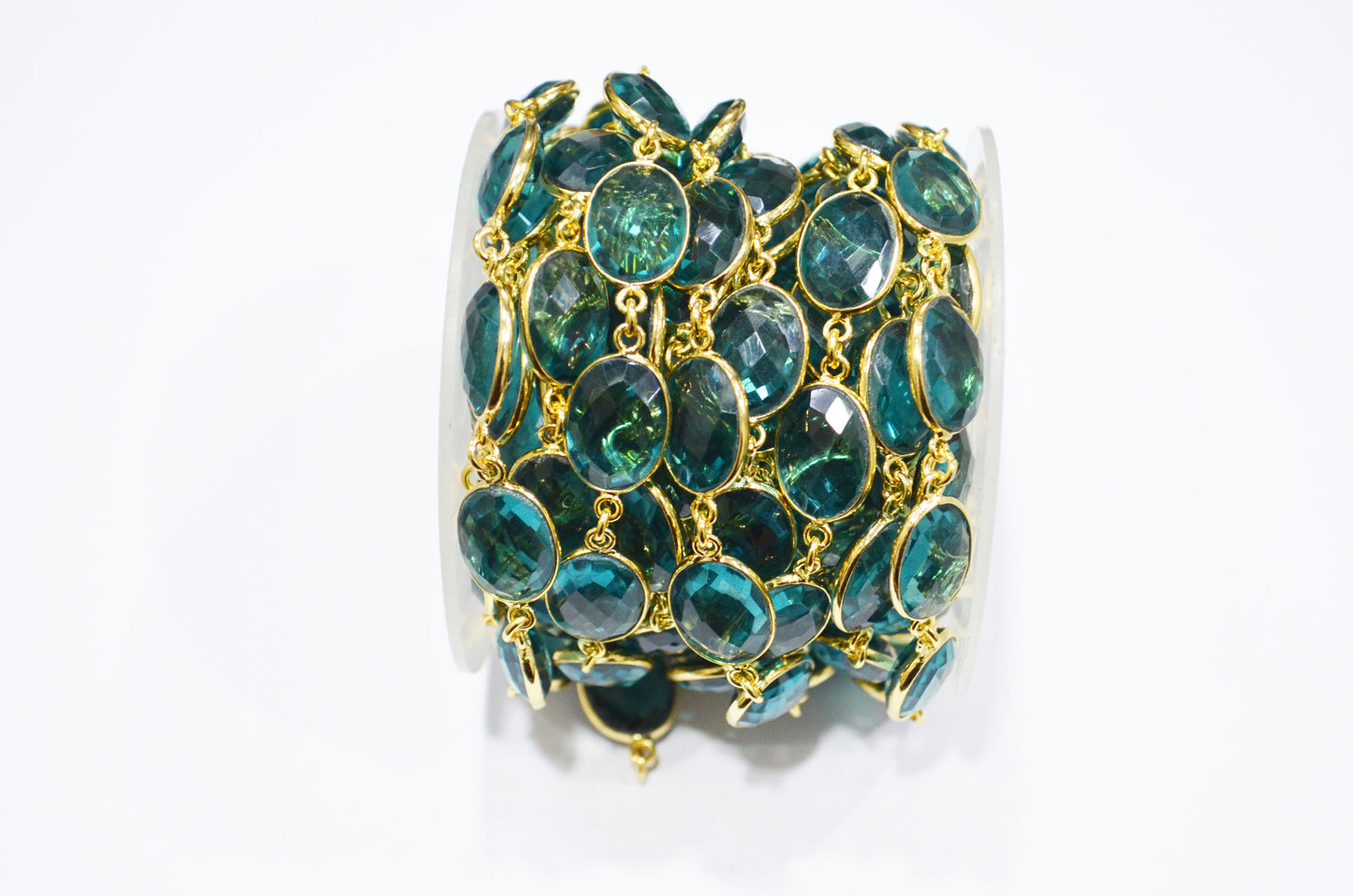 Teal Green Hydro Quartz Faceted Oval Shape Connector Chain , 12x15 mm , RB-7361