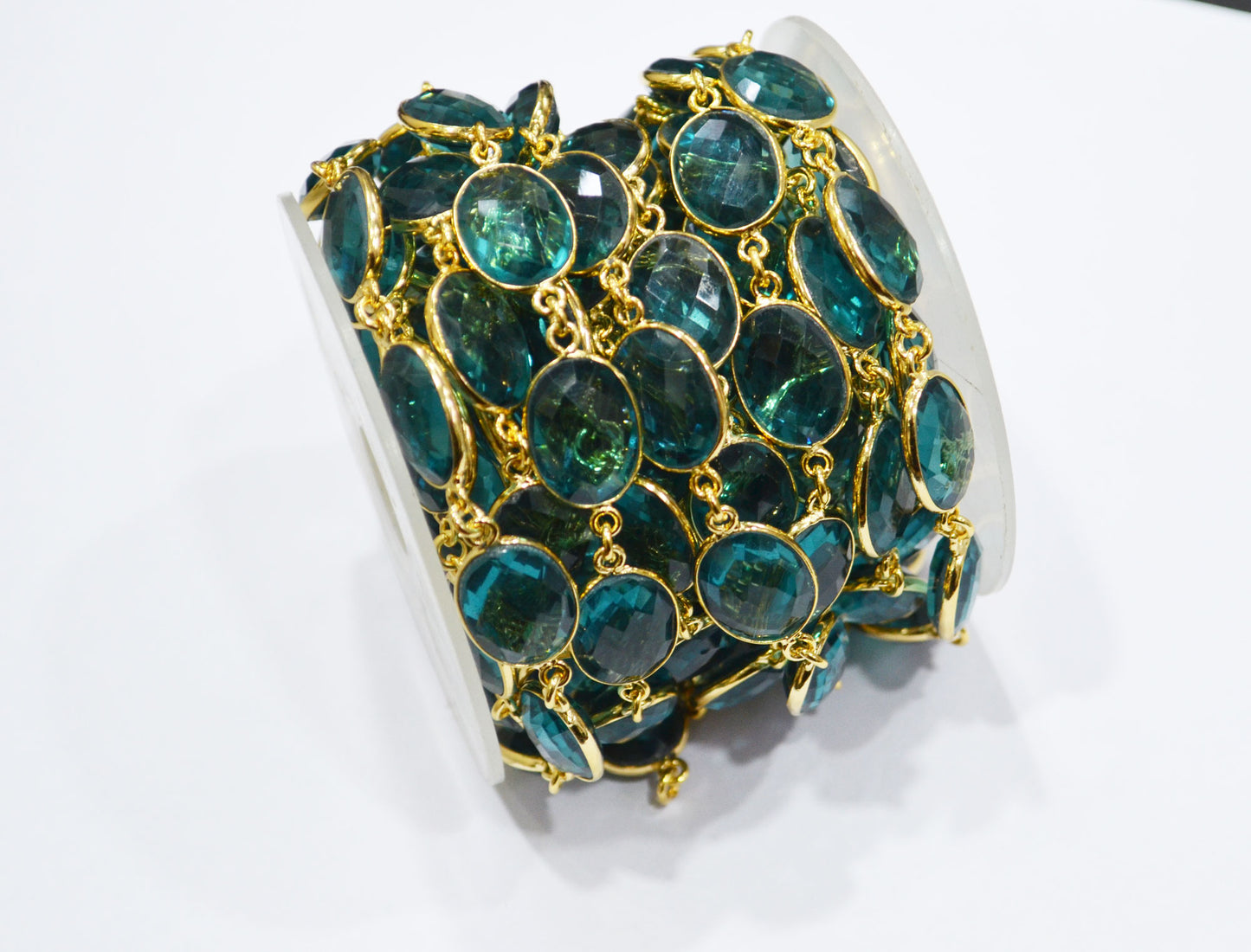 Teal Green Hydro Quartz Faceted Oval Shape Connector Chain , 12x15 mm , RB-7361