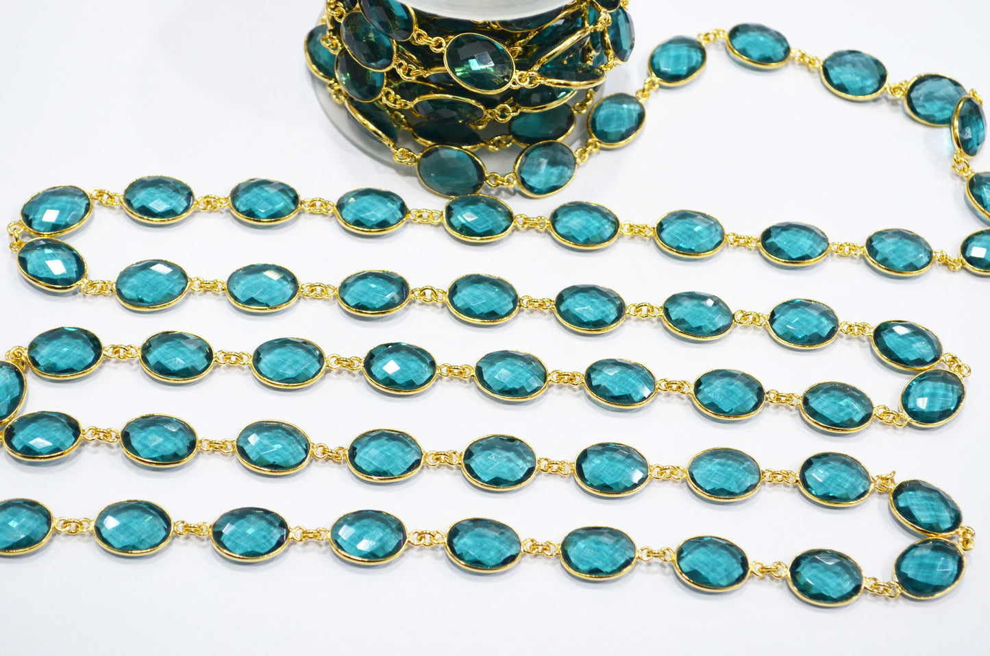 Teal Green Hydro Quartz Faceted Oval Shape Connector Chain , 12x15 mm , RB-7361
