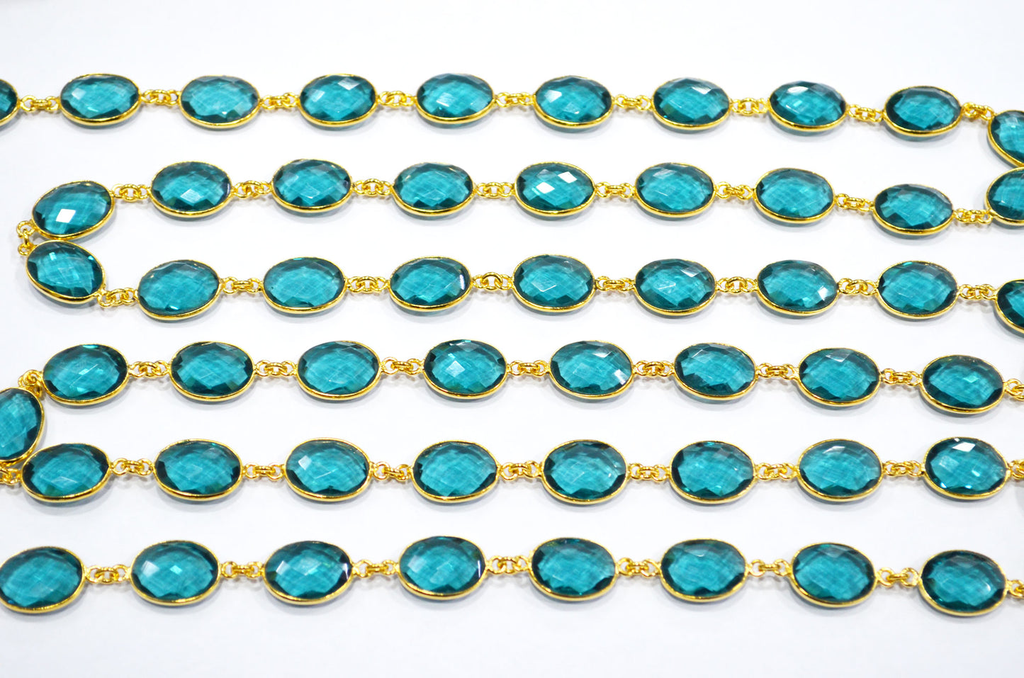 Teal Green Hydro Quartz Faceted Oval Shape Connector Chain , 12x15 mm , RB-7361