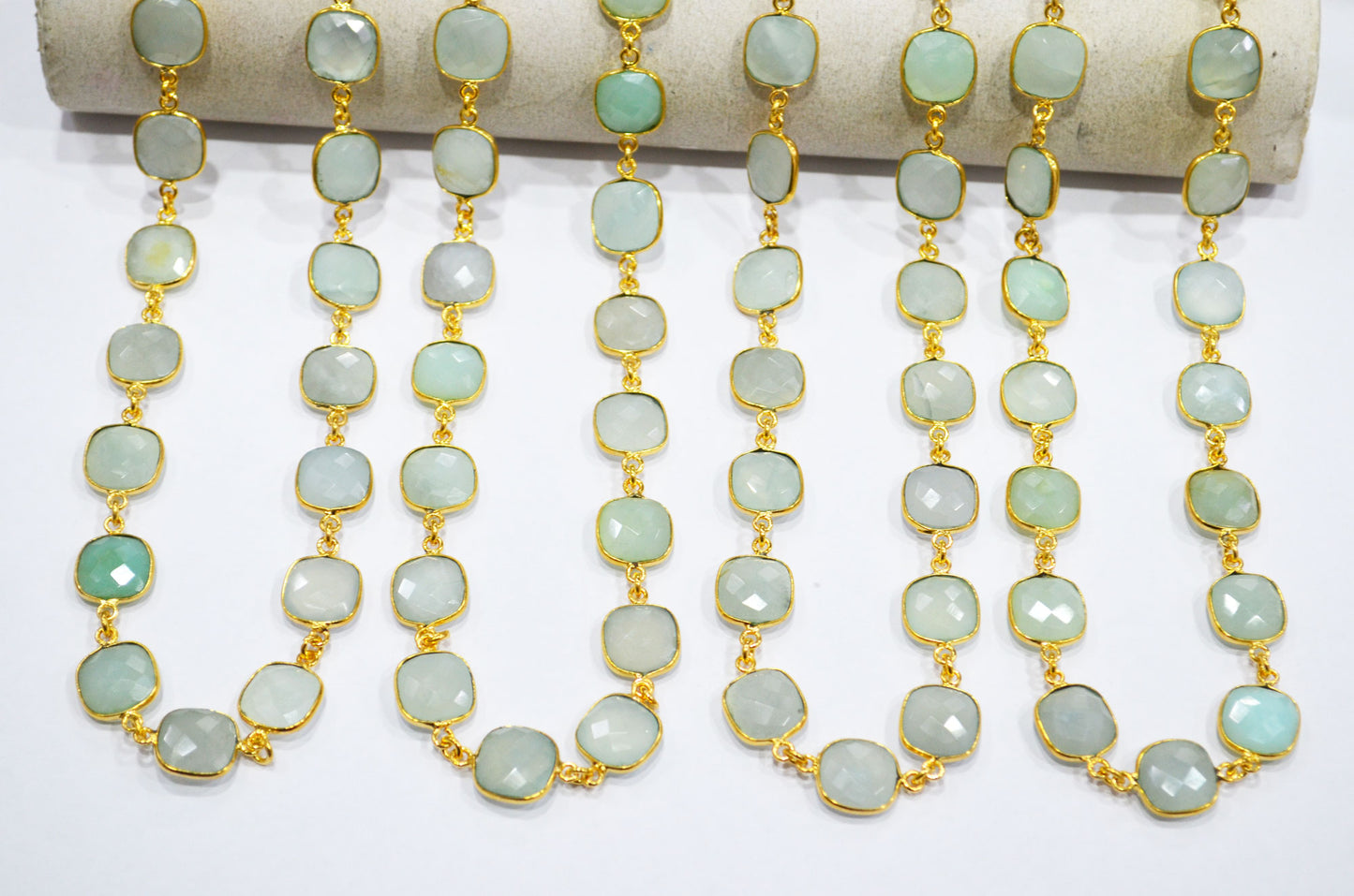 Aqua Chalcedony AB Coated Faceted Cushion Shape Connector Chain , 12x12 mm , RB-7364