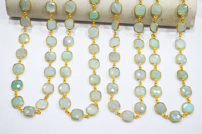 Aqua Chalcedony AB Coated Faceted Cushion Shape Connector Chain , 12x12 mm , RB-7364
