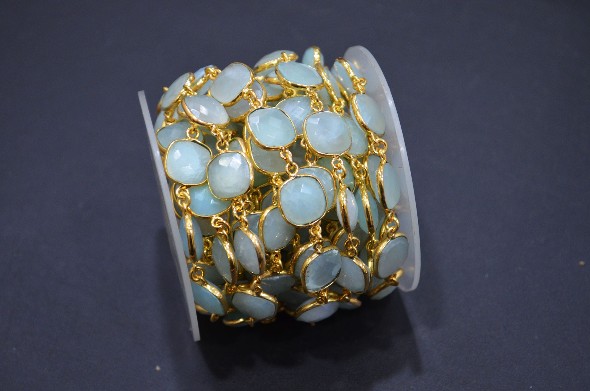 Aqua Chalcedony AB Coated Faceted Cushion Shape Connector Chain , 12x12 mm , RB-7364