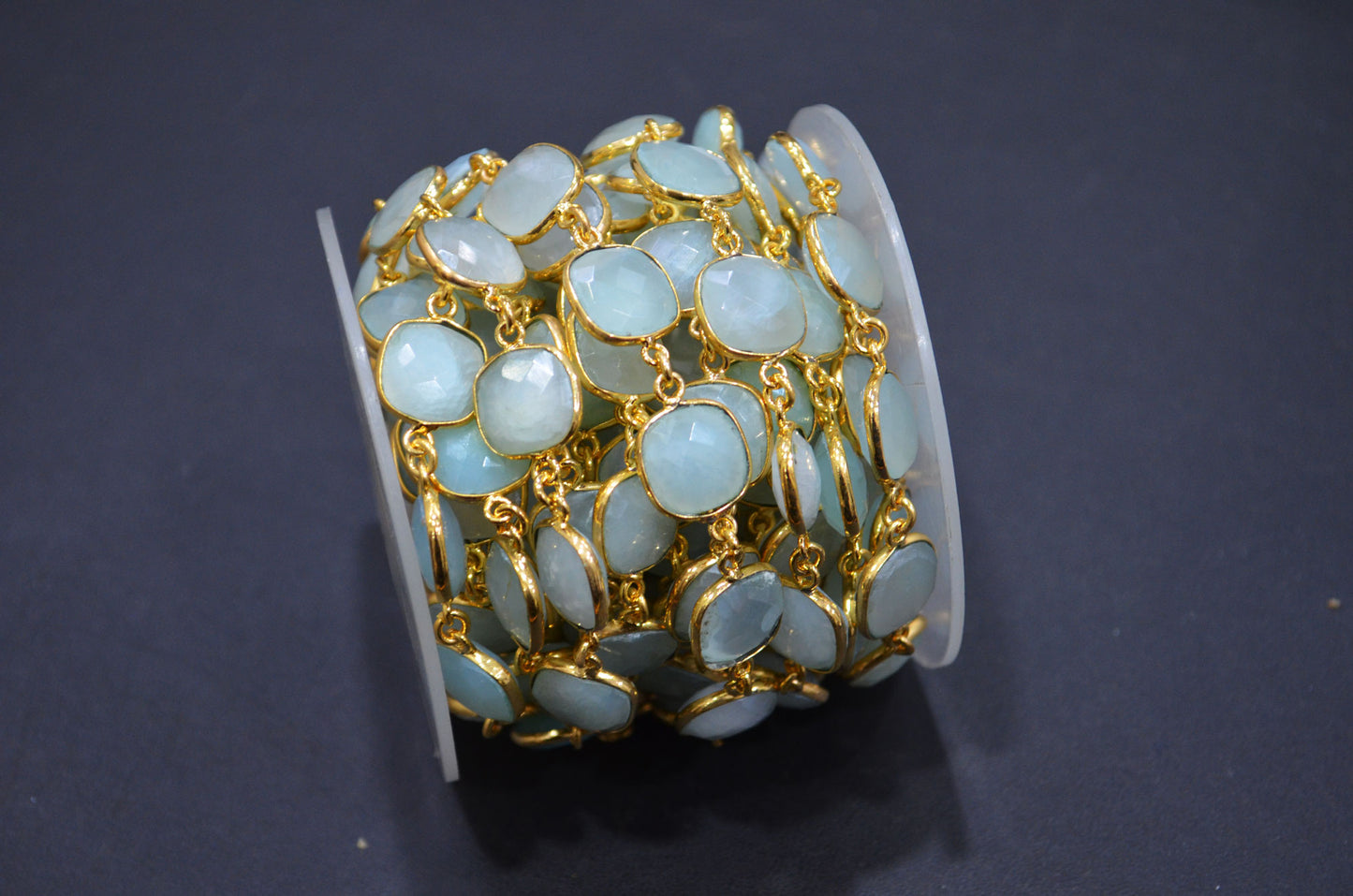 Aqua Chalcedony AB Coated Faceted Cushion Shape Connector Chain , 12x12 mm , RB-7364