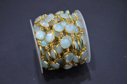 Aqua Chalcedony AB Coated Faceted Cushion Shape Connector Chain , 12x12 mm , RB-7364