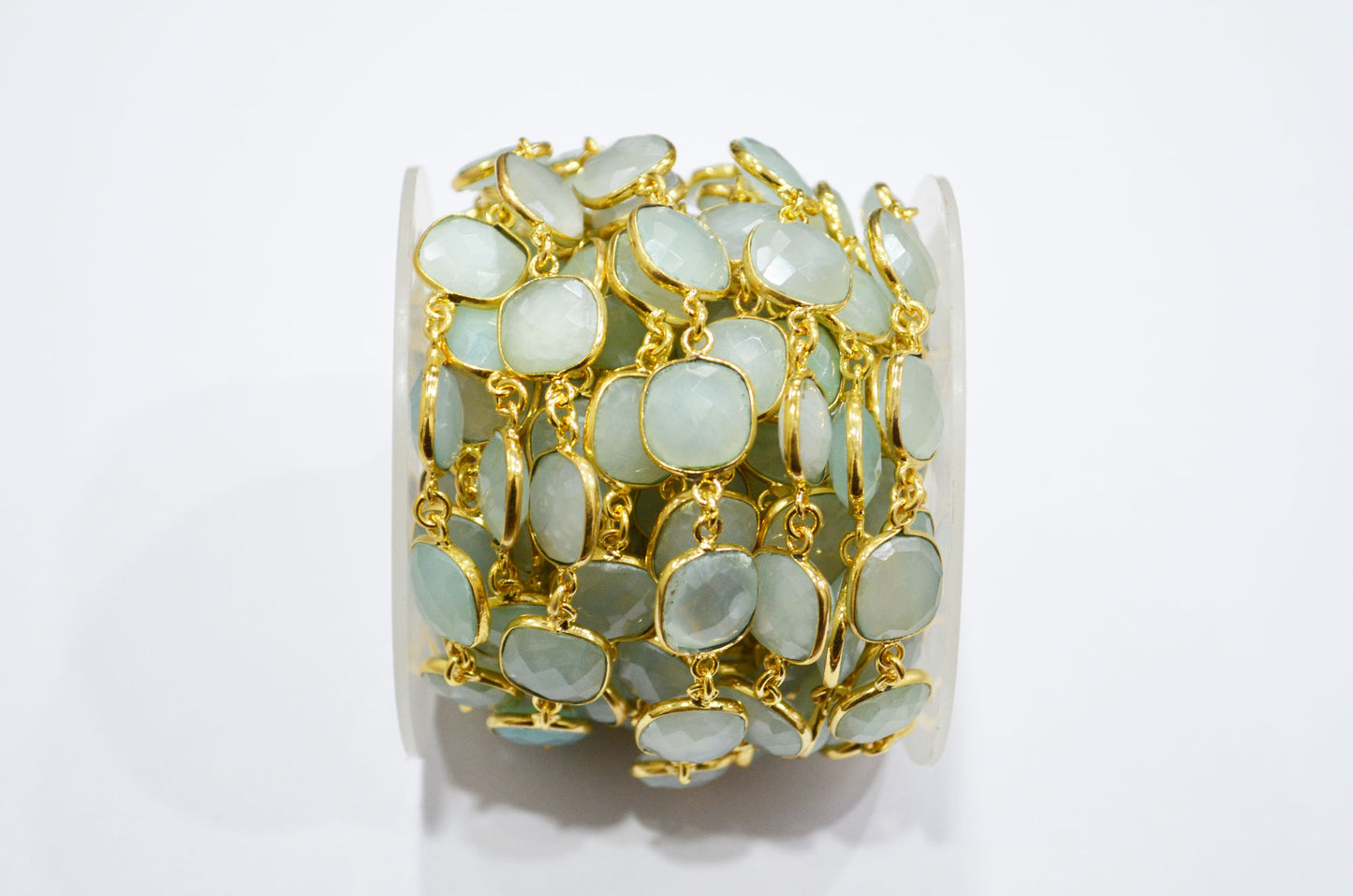 Aqua Chalcedony AB Coated Faceted Cushion Shape Connector Chain , 12x12 mm , RB-7364