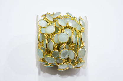 Aqua Chalcedony AB Coated Faceted Cushion Shape Connector Chain , 12x12 mm , RB-7364