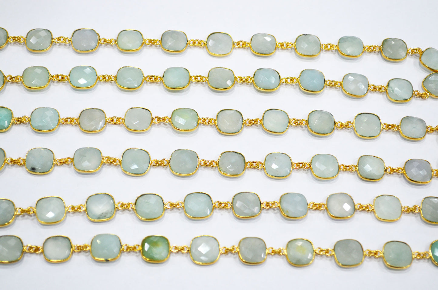 Aqua Chalcedony AB Coated Faceted Cushion Shape Connector Chain , 12x12 mm , RB-7364