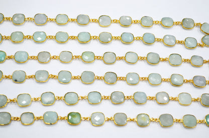 Aqua Chalcedony AB Coated Faceted Cushion Shape Connector Chain , 12x12 mm , RB-7364