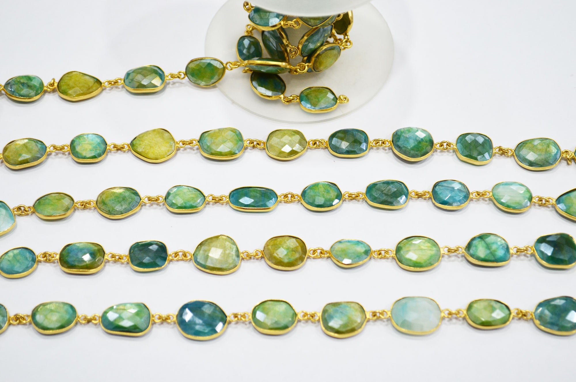 Chrysoberyl Moonstone AB Coated Faceted Slice Shape Connector Chain , 10x12 - 13x16 mm , RB-7365