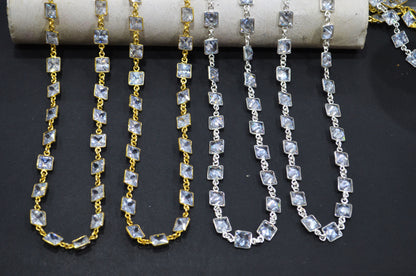 White Cubic Zirconia Diamond Cut Square Shape Connector Chain , 9 mm , RB-7366