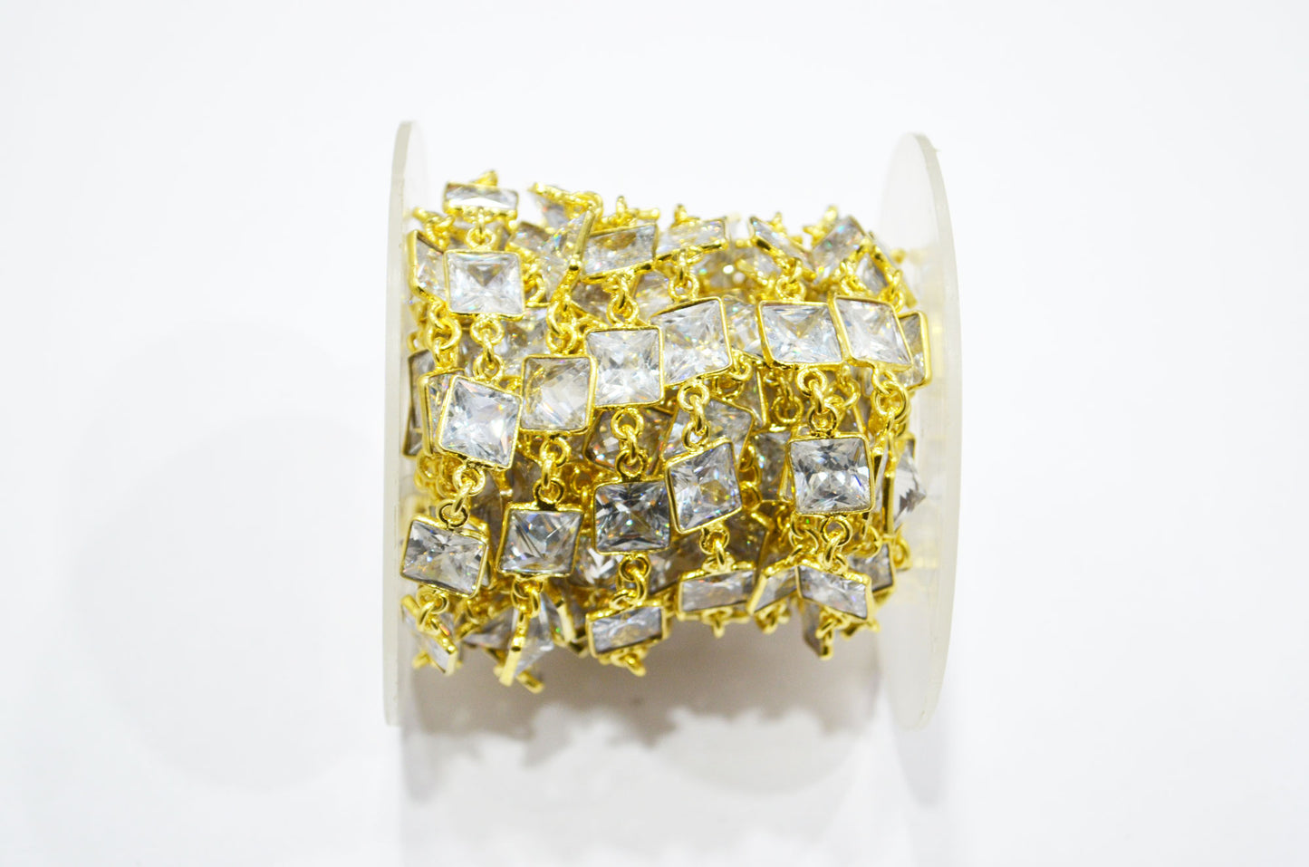 White Cubic Zirconia Diamond Cut Square Shape Connector Chain , 9 mm , RB-7366