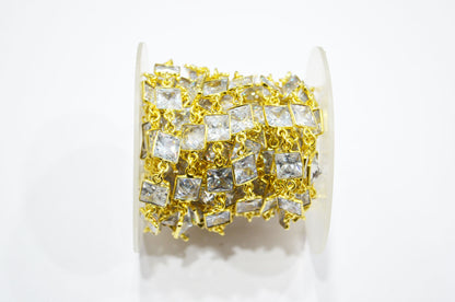 White Cubic Zirconia Diamond Cut Square Shape Connector Chain , 9 mm , RB-7366