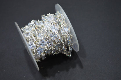 White Cubic Zirconia Diamond Cut Square Shape Connector Chain , 9 mm , RB-7366