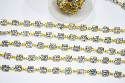 White Cubic Zirconia Diamond Cut Square Shape Connector Chain , 9 mm , RB-7366