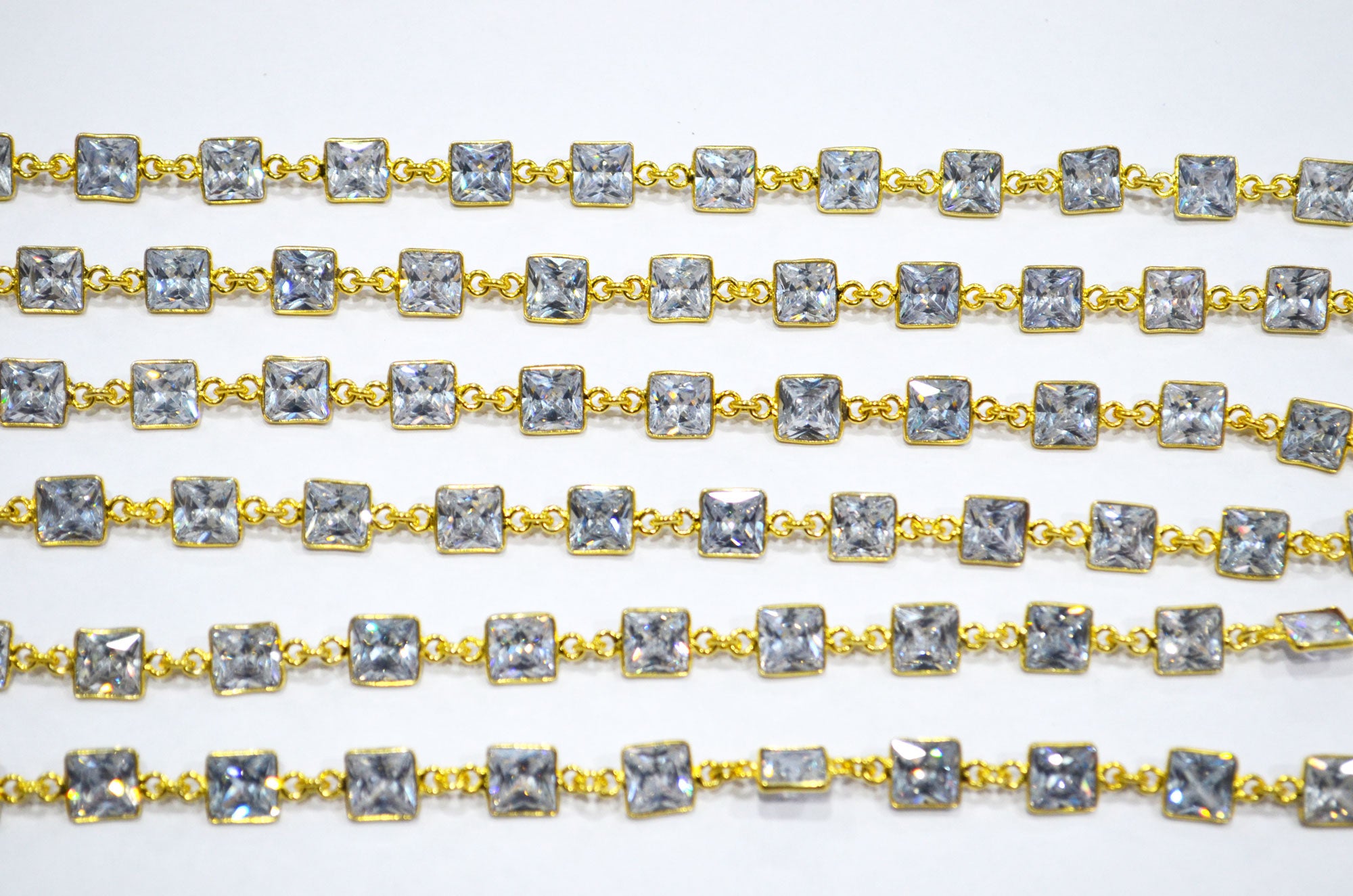 White Cubic Zirconia Diamond Cut Square Shape Connector Chain , 9 mm , RB-7366