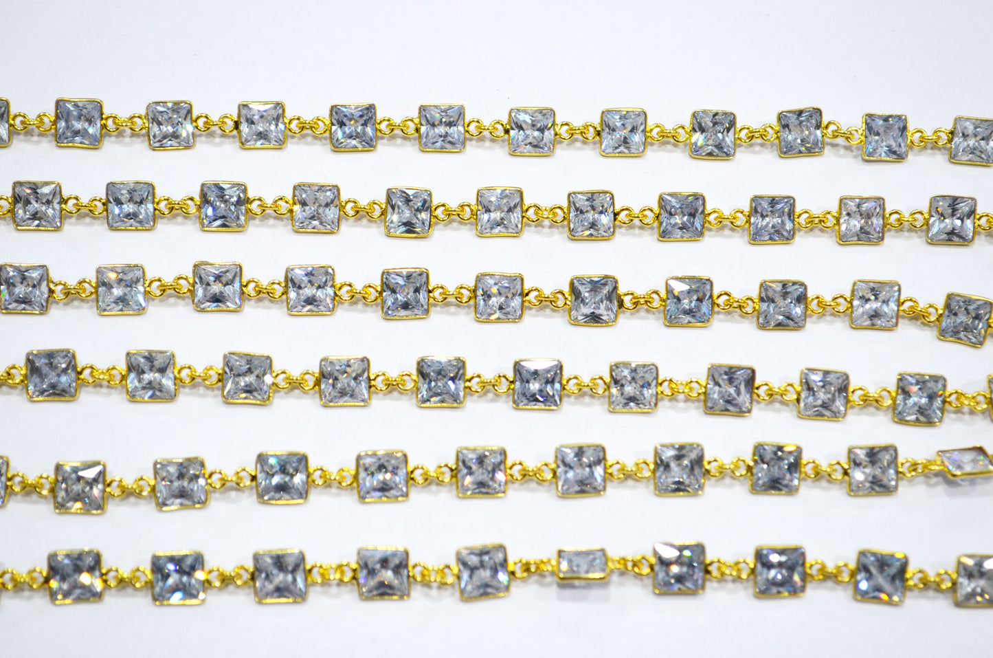 White Cubic Zirconia Diamond Cut Square Shape Connector Chain , 9 mm , RB-7366