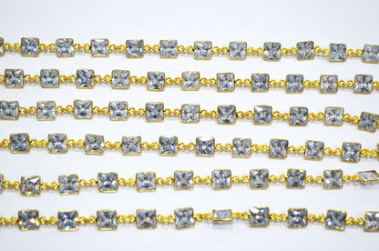 White Cubic Zirconia Diamond Cut Square Shape Connector Chain , 9 mm , RB-7366