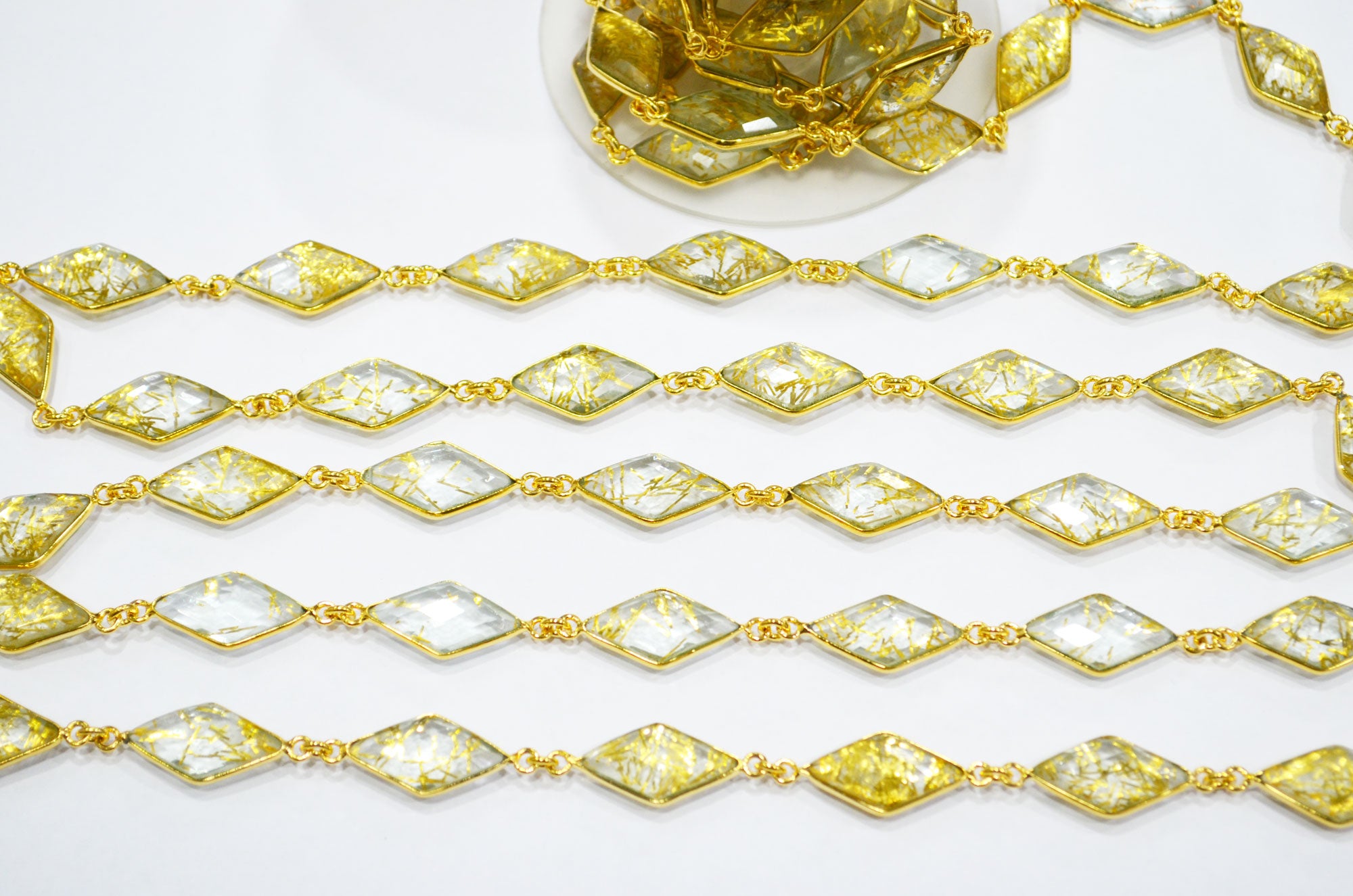 Golden Rutile Doublet Quartz Faceted Diamond Shape Connector Chain , 10x20 mm , RB-7367