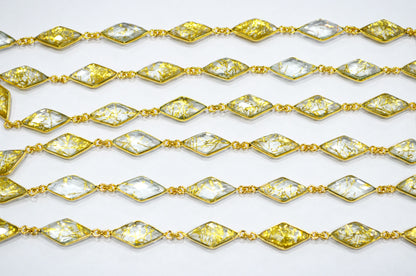 Golden Rutile Doublet Quartz Faceted Diamond Shape Connector Chain , 10x20 mm , RB-7367