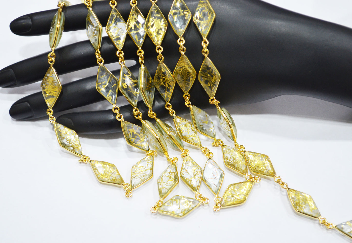 Golden Rutile Doublet Quartz Faceted Diamond Shape Connector Chain , 10x20 mm , RB-7367