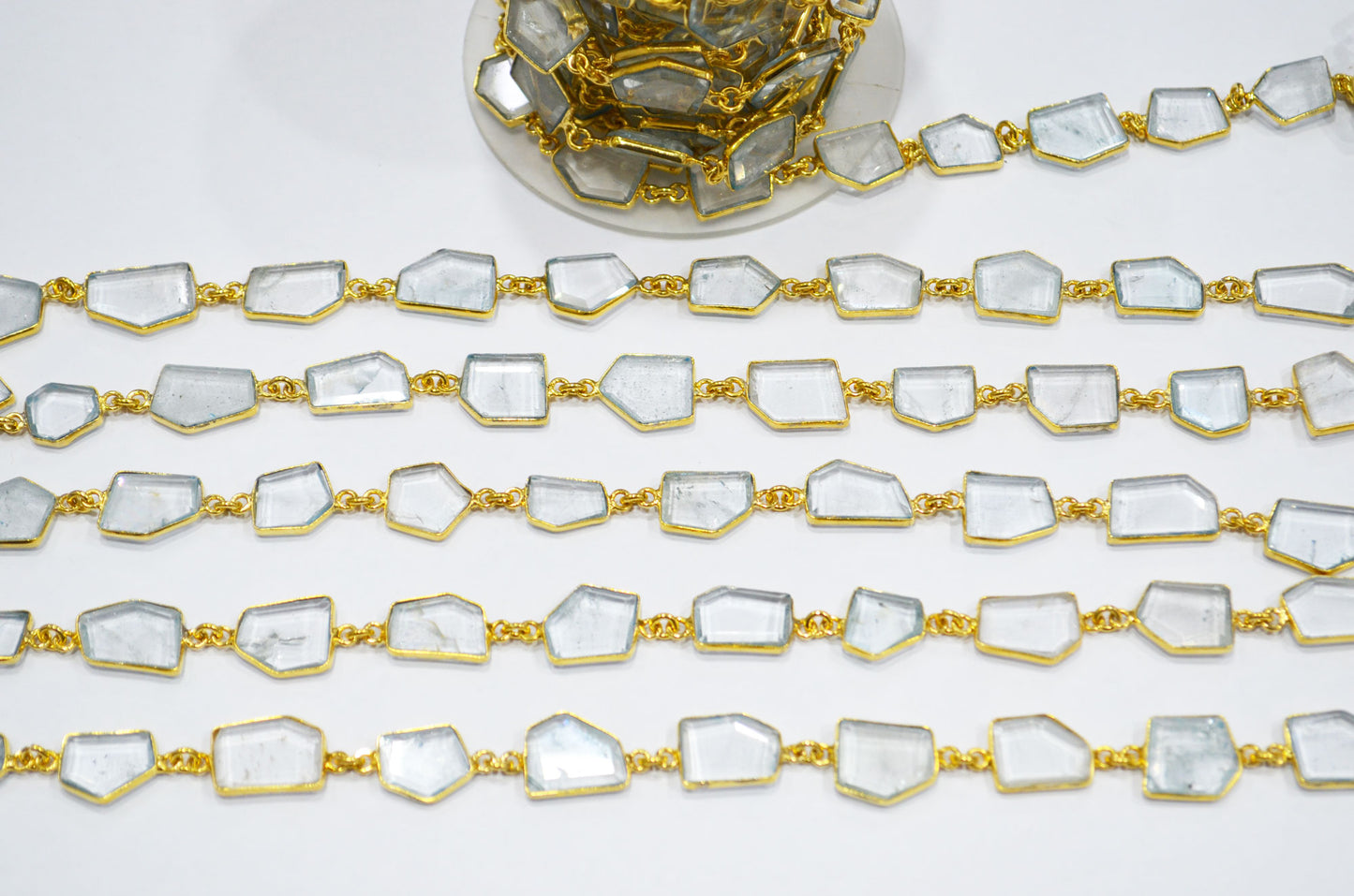 Natural Tint Green Crystal Crown Cut Tablets Shape Connector Chain , 9x11 - 11x15 mm , RB-7368