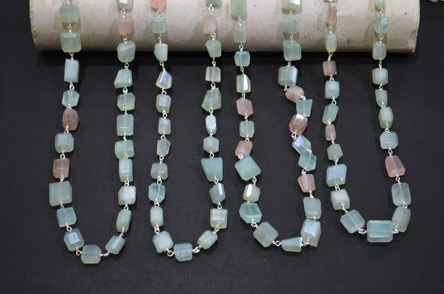 Aqua And Rose Chalcedony AB Coated Laser Cut Nuggets Rosary Beaded Chain , 6 - 8 mm , RB-7371