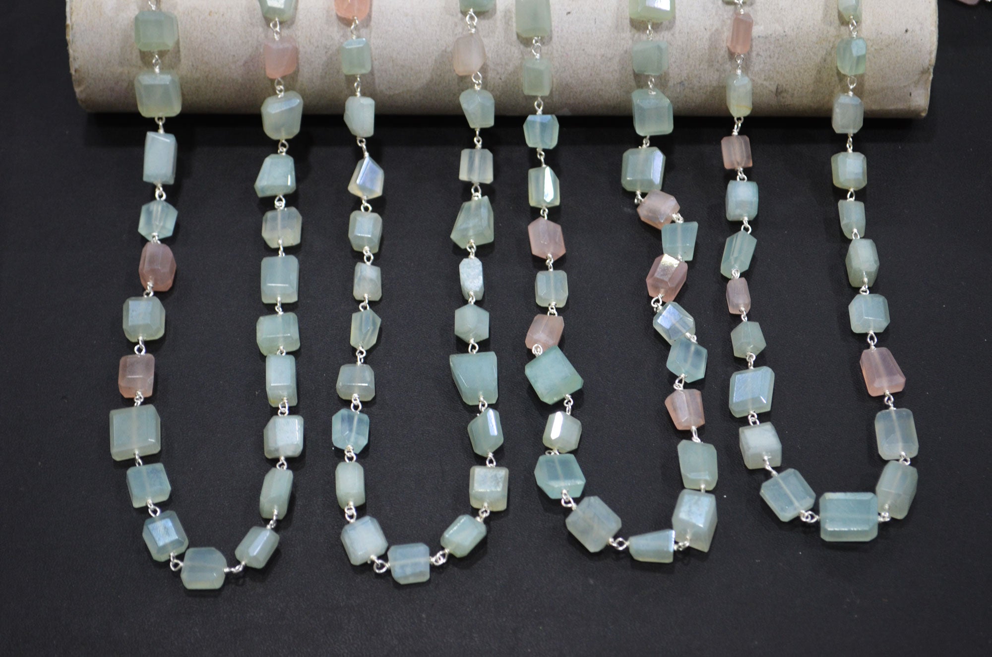 Aqua And Rose Chalcedony AB Coated Laser Cut Nuggets Rosary Beaded Chain , 6 - 8 mm , RB-7371