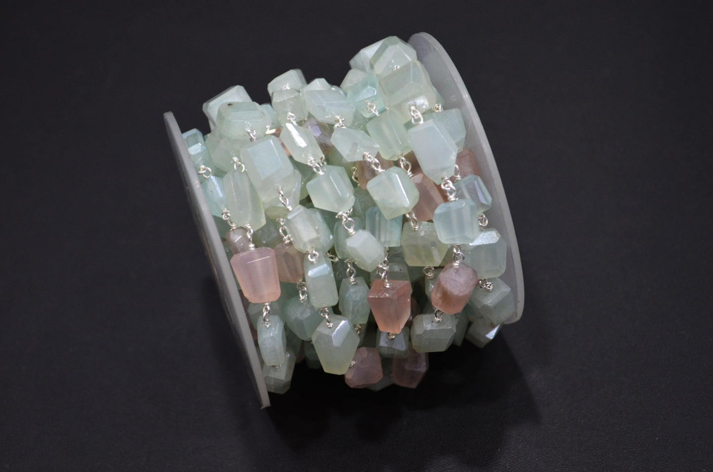 Aqua And Rose Chalcedony AB Coated Laser Cut Nuggets Rosary Beaded Chain , 6 - 8 mm , RB-7371