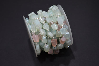 Aqua And Rose Chalcedony AB Coated Laser Cut Nuggets Rosary Beaded Chain , 6 - 8 mm , RB-7371