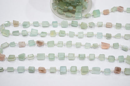 Aqua And Rose Chalcedony AB Coated Laser Cut Nuggets Rosary Beaded Chain , 6 - 8 mm , RB-7371
