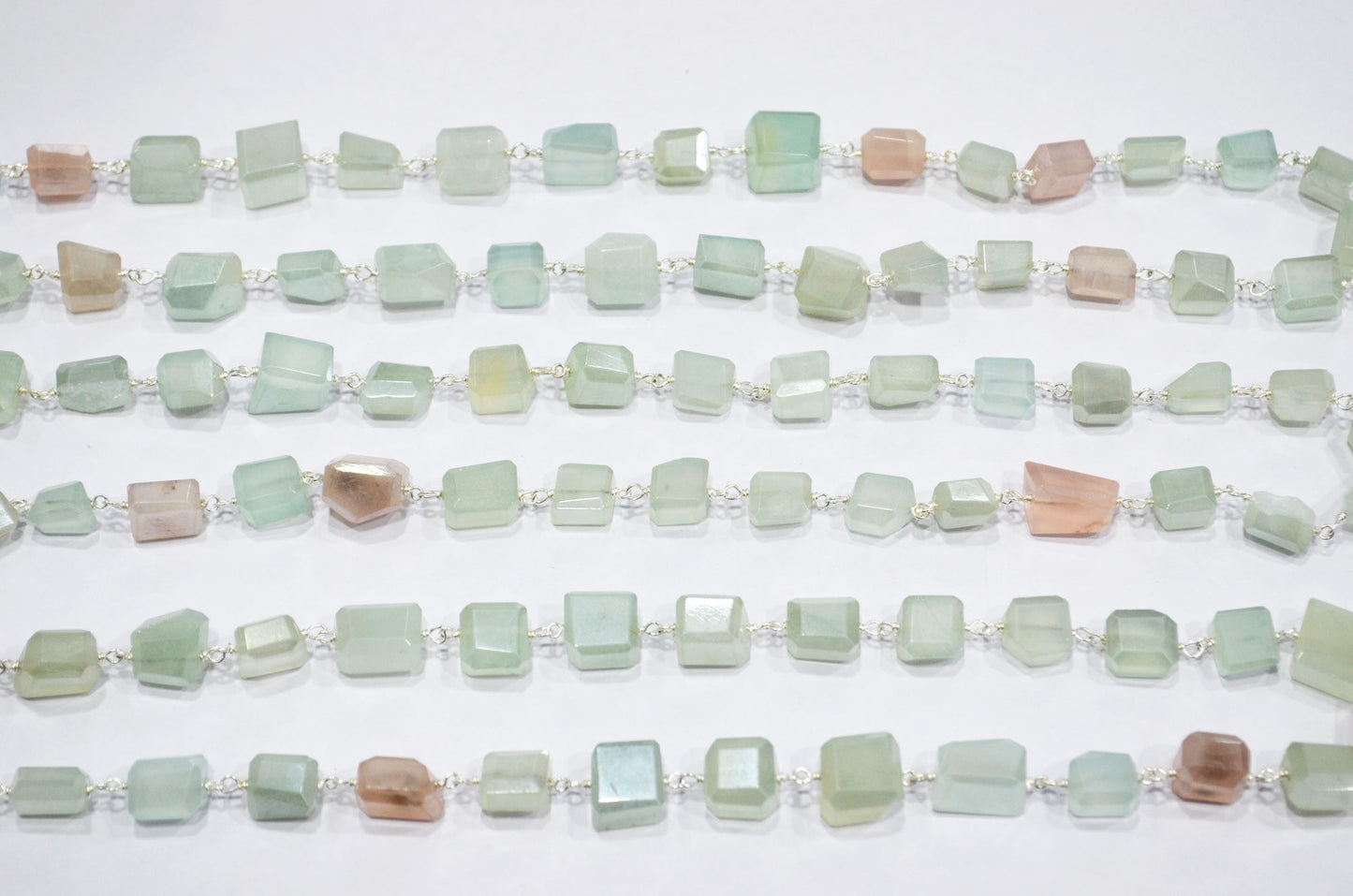 Aqua And Rose Chalcedony AB Coated Laser Cut Nuggets Rosary Beaded Chain , 6 - 8 mm , RB-7371