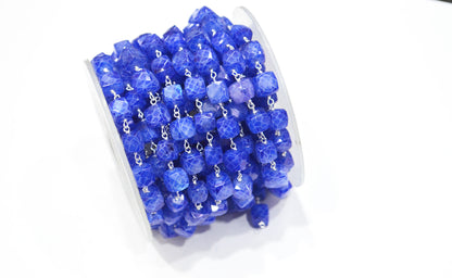 Sapphire Rainbow Moonstone Rustic Style Color Coated 3D Box Cube Shape Rosary Beaded Chain , 6 - 8 mm , RB-7372