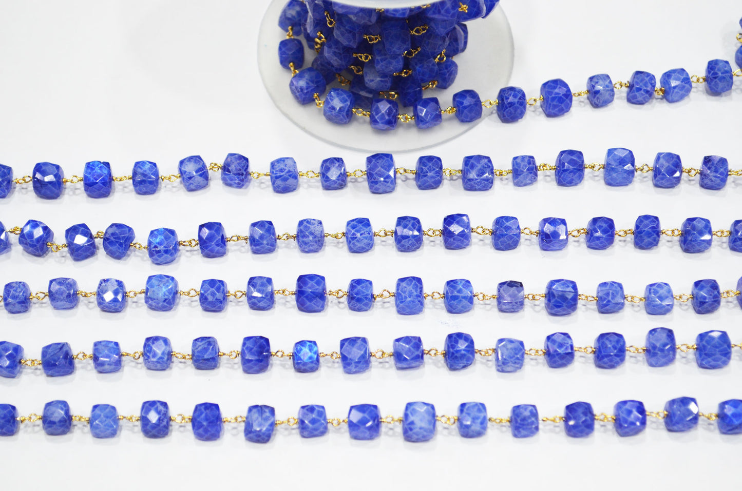 Sapphire Rainbow Moonstone Rustic Style Color Coated 3D Box Cube Shape Rosary Beaded Chain , 6 - 8 mm , RB-7372