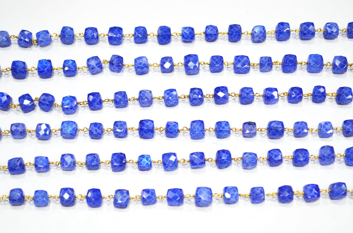Sapphire Rainbow Moonstone Rustic Style Color Coated 3D Box Cube Shape Rosary Beaded Chain , 6 - 8 mm , RB-7372