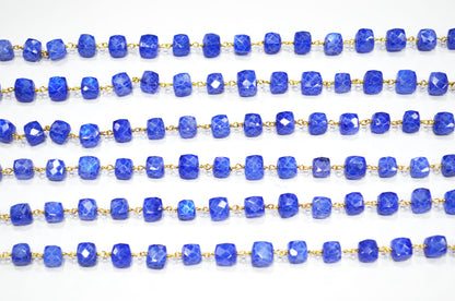 Sapphire Rainbow Moonstone Rustic Style Color Coated 3D Box Cube Shape Rosary Beaded Chain , 6 - 8 mm , RB-7372