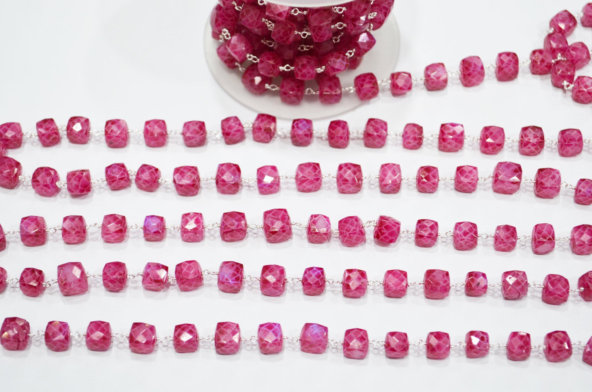 Ruby Rainbow Moonstone Rustic Style Color Coated 3D Box Cube Shape Rosary Beaded Chain , 6 - 8 mm , RB-7373