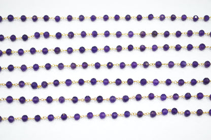 Amethyst Faceted Round Shape Rosary Beaded Chain , 4.50 - 5 mm , RB-7374