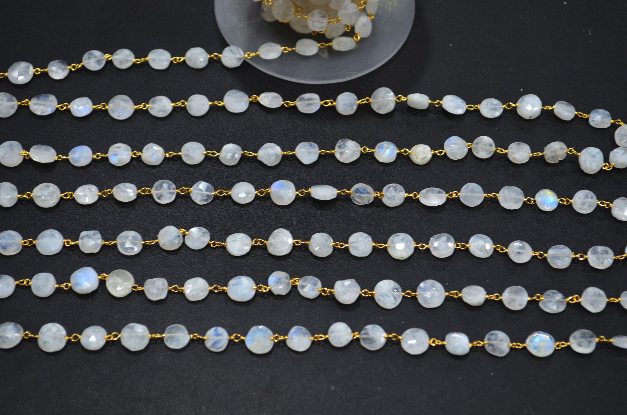 Rainbow Moonstone Organic Rustic Coin Cut Rosary Beaded Chain , 7 - 9 mm , RB-7375