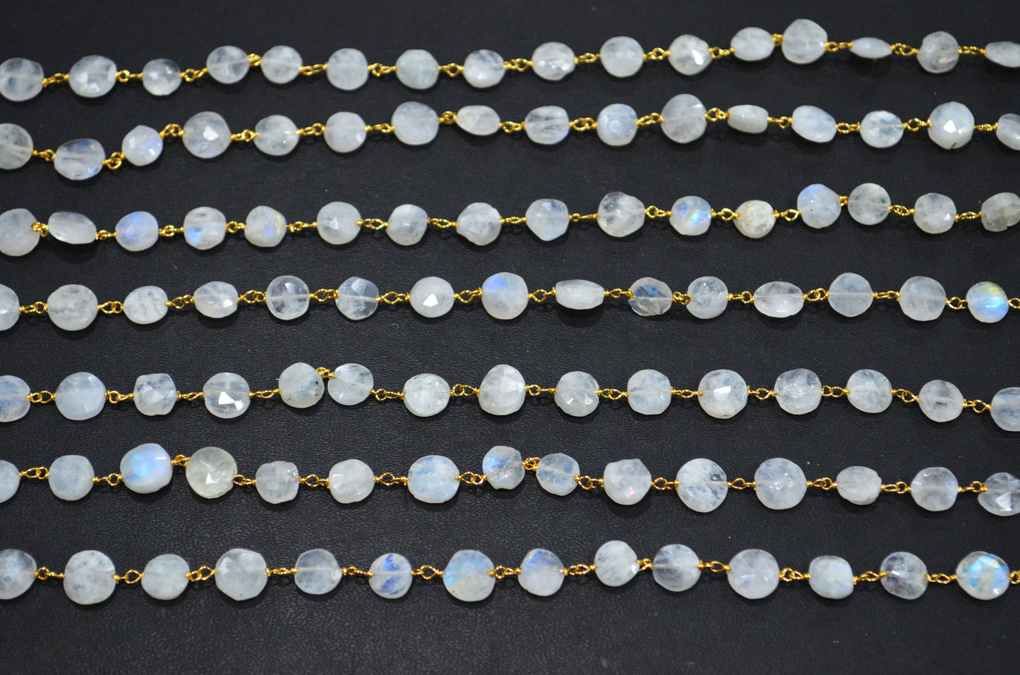 Rainbow Moonstone Organic Rustic Coin Cut Rosary Beaded Chain , 7 - 9 mm , RB-7375