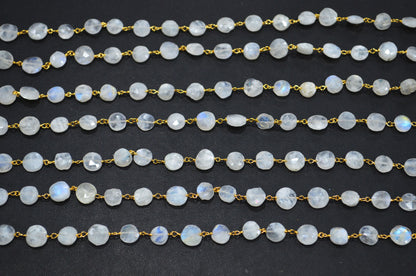 Rainbow Moonstone Organic Rustic Coin Cut Rosary Beaded Chain , 7 - 9 mm , RB-7375