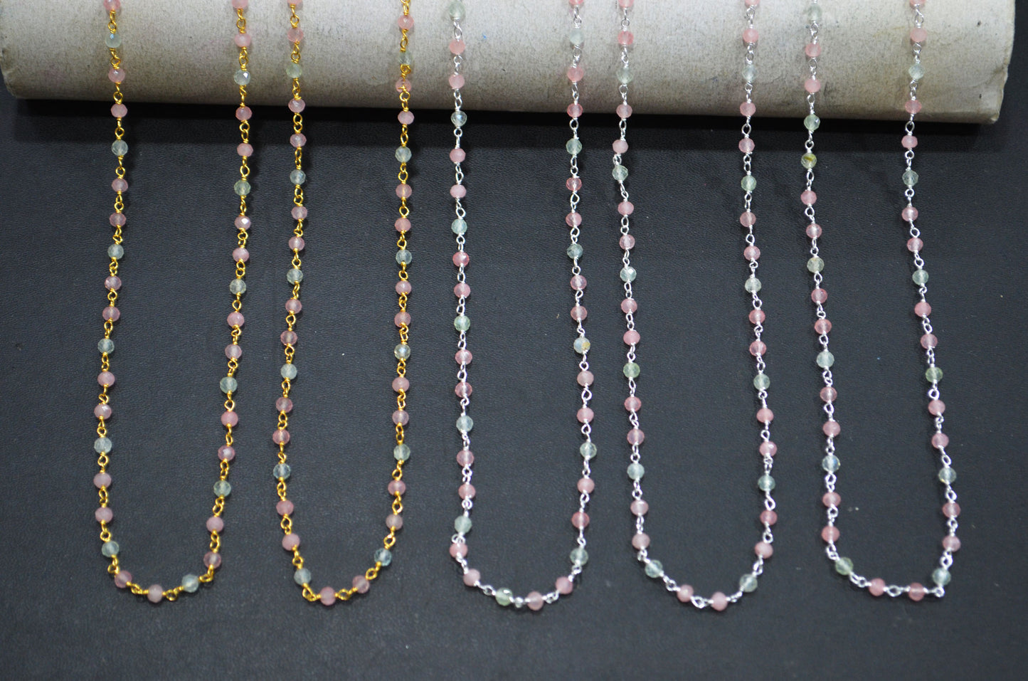 Pastel Rose Quartz And Prehnite Round Shape Rosary Beaded Chain , 3 mm , RB-7376