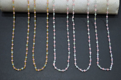 Pastel Rose Quartz And Prehnite Round Shape Rosary Beaded Chain , 3 mm , RB-7376