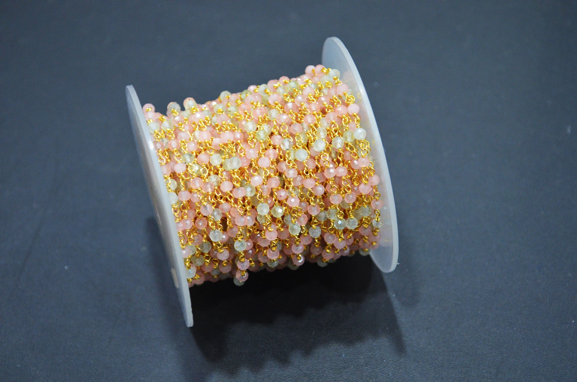 Pastel Rose Quartz And Prehnite Round Shape Rosary Beaded Chain , 3 mm , RB-7376