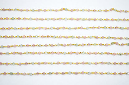 Pastel Rose Quartz And Prehnite Round Shape Rosary Beaded Chain , 3 mm , RB-7376