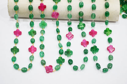 Strawberry Emerald Color Quartz Smooth Oval Shape Rosary Chain ,Ruby Color Quartz Clover Shape Wire Wrapped Chain , 7x10 - 9x12 mm , RB-7377