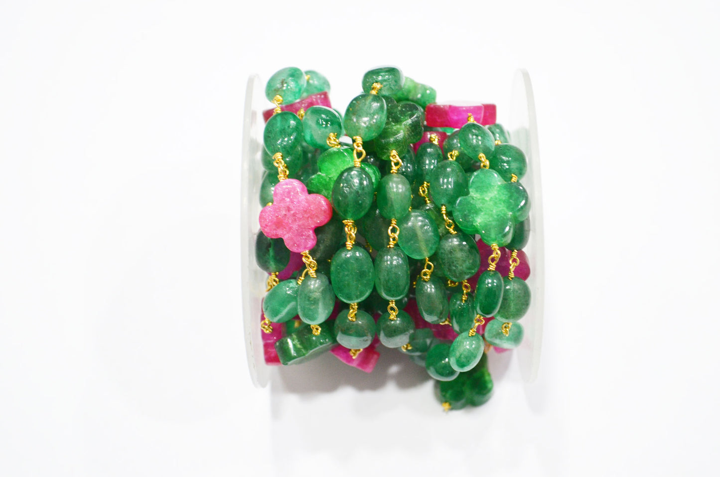 Strawberry Emerald Color Quartz Smooth Oval Shape Rosary Chain ,Ruby Color Quartz Clover Shape Wire Wrapped Chain , 7x10 - 9x12 mm , RB-7377
