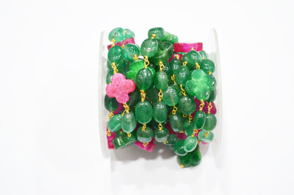 Strawberry Emerald Color Quartz Smooth Oval Shape Rosary Chain ,Ruby Color Quartz Clover Shape Wire Wrapped Chain , 7x10 - 9x12 mm , RB-7377