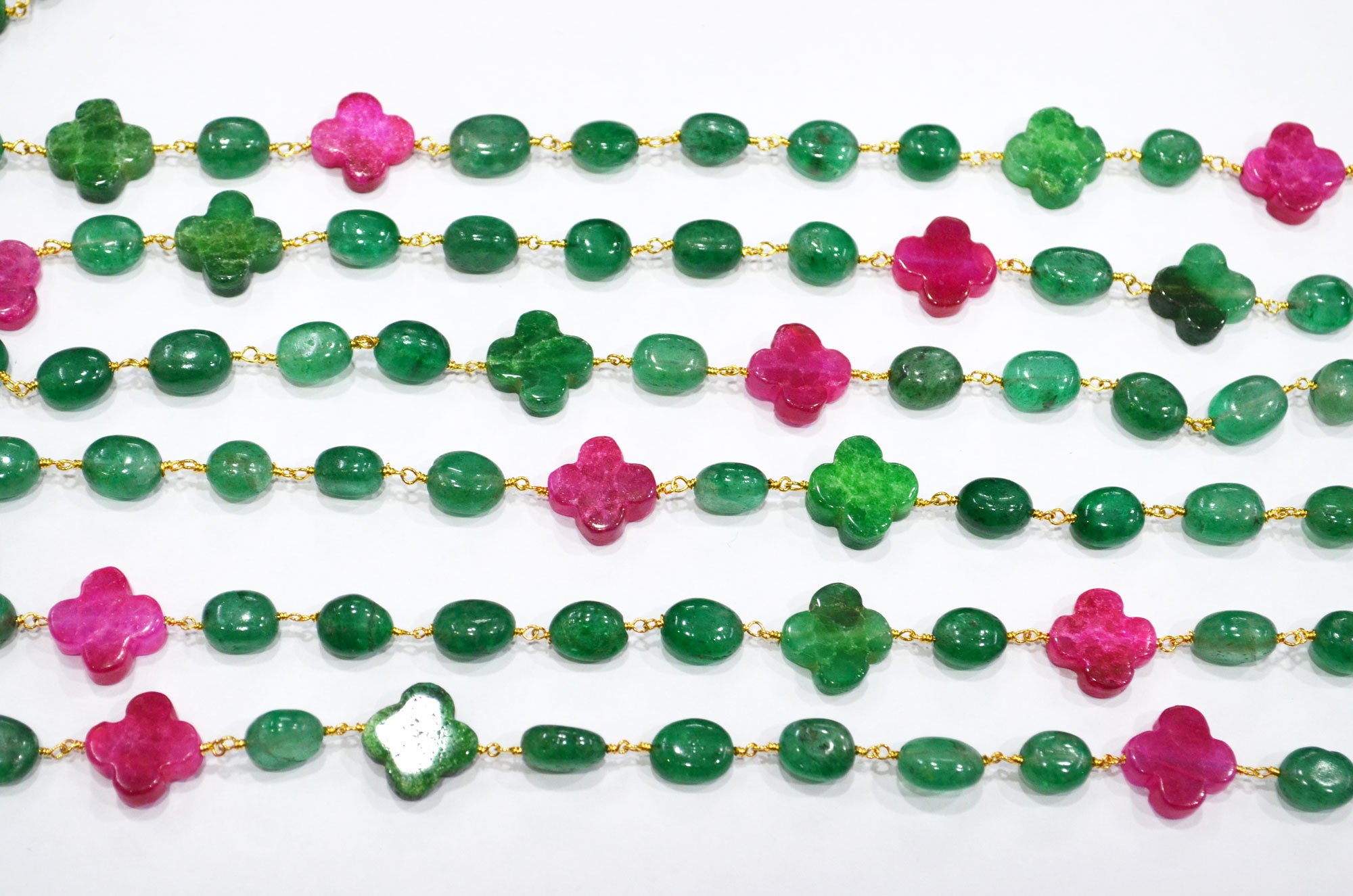 Strawberry Emerald Color Quartz Smooth Oval Shape Rosary Chain ,Ruby Color Quartz Clover Shape Wire Wrapped Chain , 7x10 - 9x12 mm , RB-7377