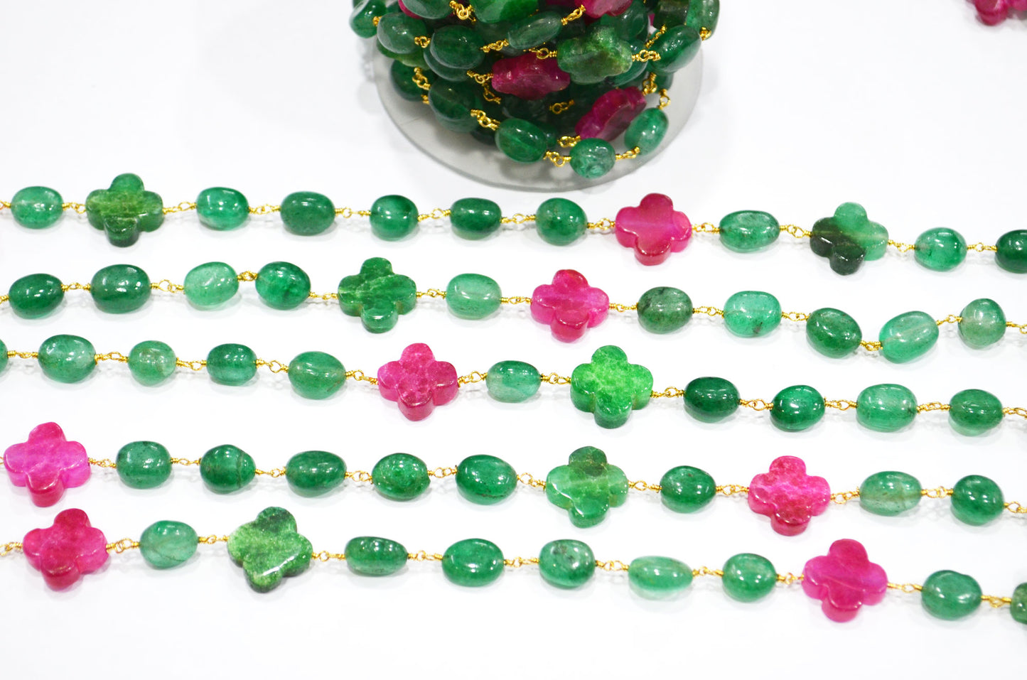 Strawberry Emerald Color Quartz Smooth Oval Shape Rosary Chain ,Ruby Color Quartz Clover Shape Wire Wrapped Chain , 7x10 - 9x12 mm , RB-7377